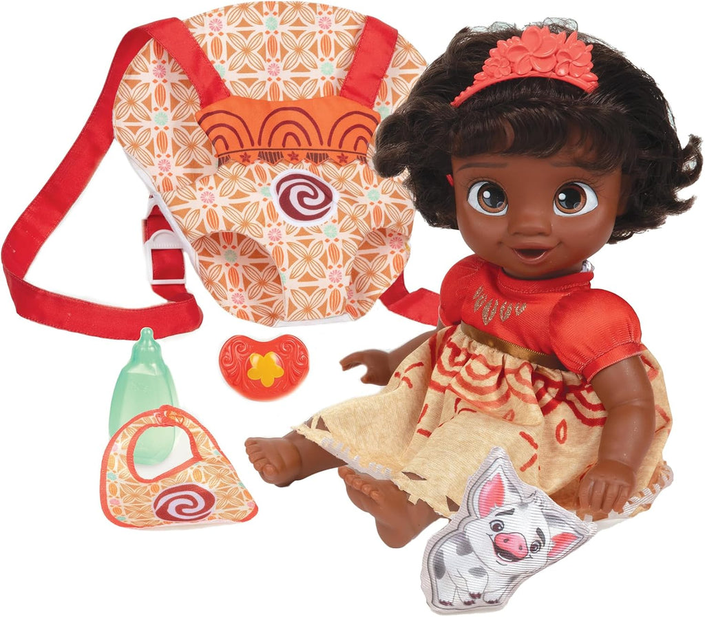 Disney - Muñeca de la princesa Baby Moana de lujo con tiara, portabebé, amigo de felpa, chupón, babero y biberón [Exclusivo de Amazon]