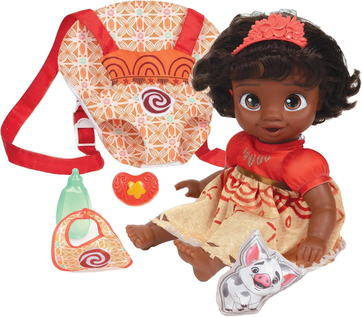 Disney - Muñeca de la princesa Baby Moana de lujo con tiara, portabebé, amigo de felpa, chupón, babero y biberón [Exclusivo de Amazon]