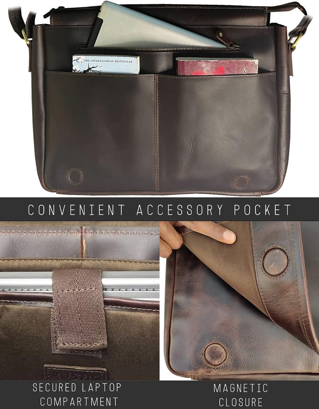 Bolso de mensajero de cuero para hombre, bolso vintage de grano completo