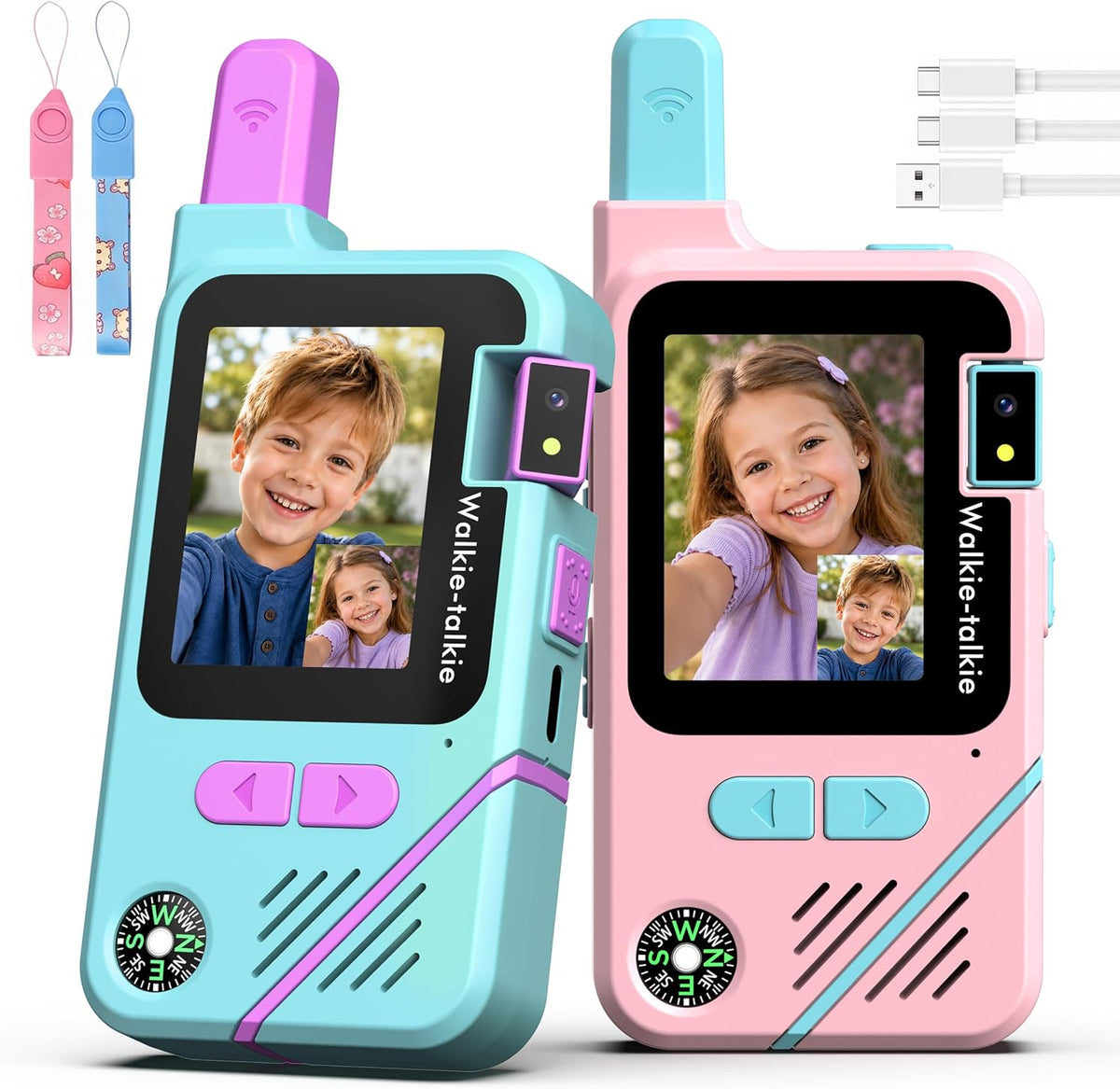 Walkie Talkies de video para niños, paquete de 2 con cámara giratoria de 180°, juguetes de largo alcance, recargable, clip y cordón, regalos de cumpleaños para niños y niñas de 3 a 12 años, interiores