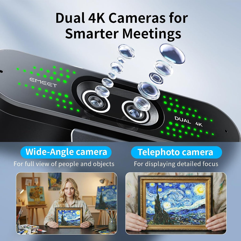 EMEET NOVA 4K Cámara web 4K de doble cámara para PC, gran angular y teleobjetivo
