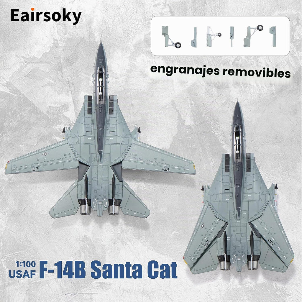Escala 1:100 F-14 Tomcat Modelo de fundición a presión Santa Cats Christmas F-14B Tomcat Cazas-Bombarderos de VF-103 Jolly Rogers Modelos de aviones metálicos para colección o regalo