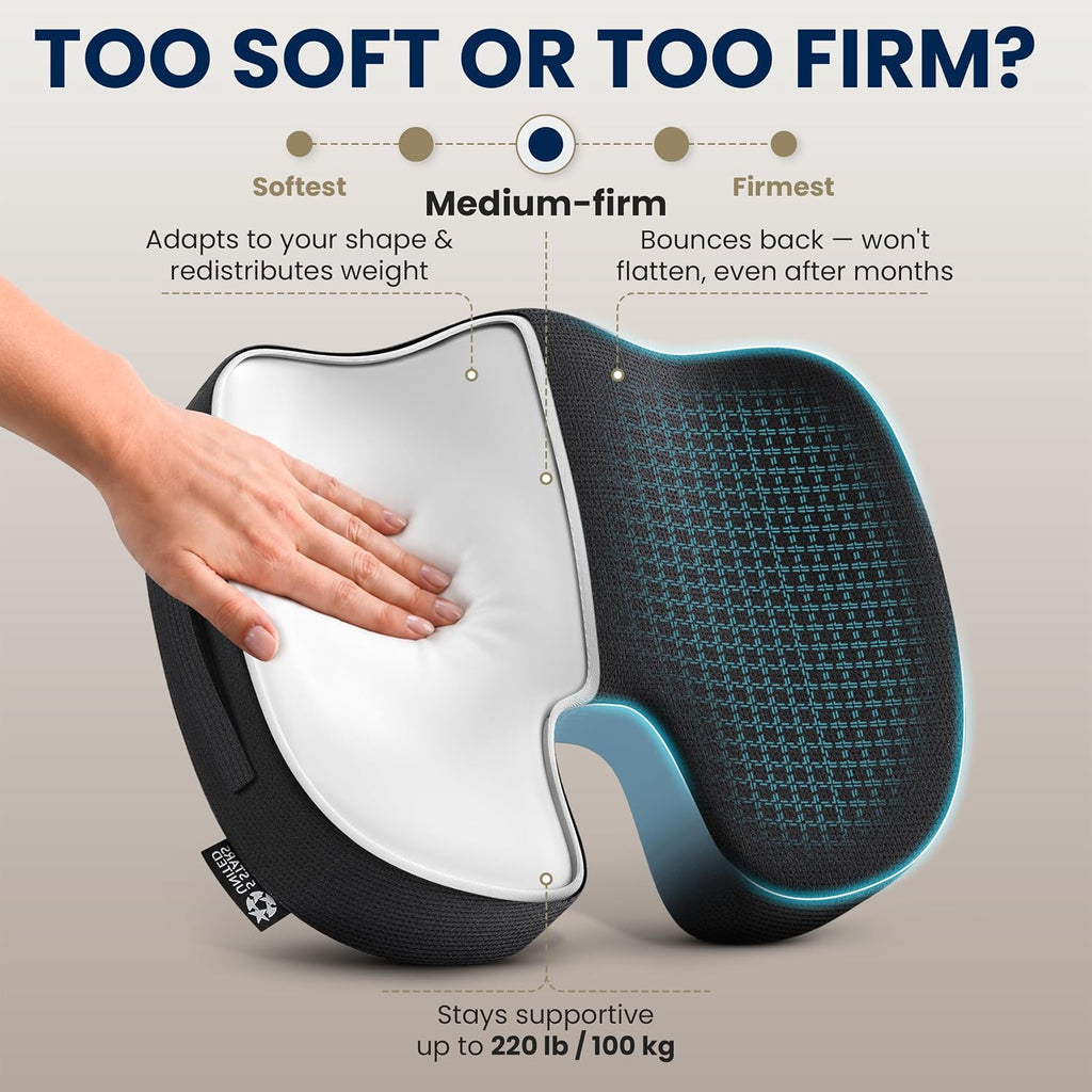 5 STARS UNITED Cojín de asiento, espuma viscoelástica para aliviar el dolor de coxis, soporte ergonómico para coxis, ciática y glúteos, silla de ruedas, oficina, escritorio y silla de juegos