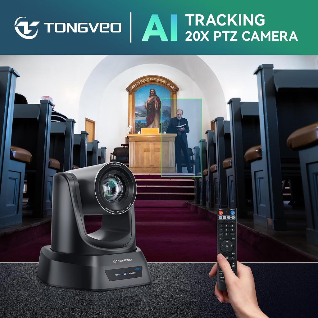 TONGVEO Cámara PTZ 4K AI con seguimiento automático y zoom óptico 20X, cámara web de sala de conferencias con HDMI/USB3.0/LAN/PoE, ideal para adoración de la iglesia, reuniones de zoom, transmisión en vivo y educación