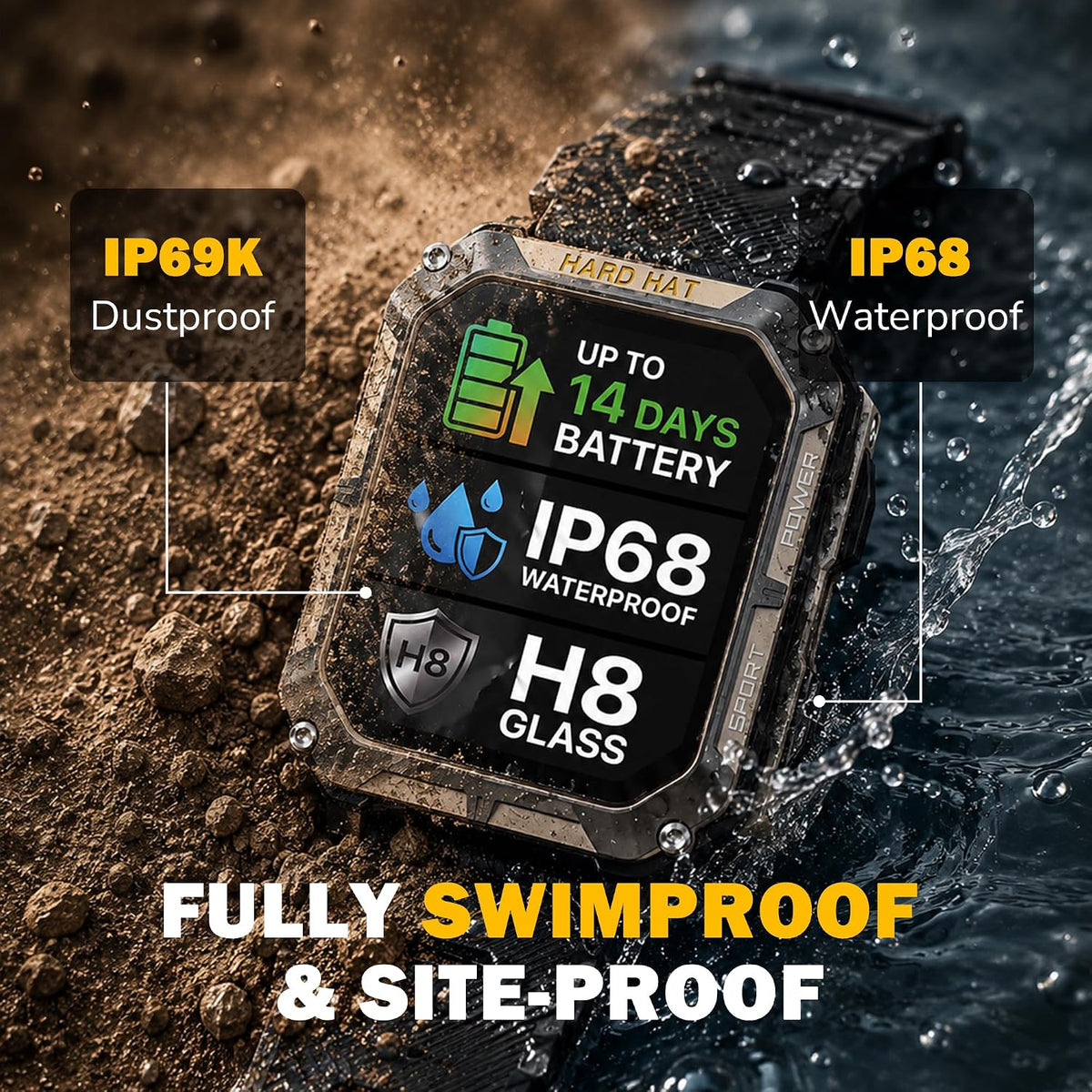 Reloj inteligente resistente para hombre, reloj inteligente original, reloj inteligente impermeable para hombres de trabajo de construcción, con rastreadores de fitness, monitor de frecuencia cardíaca, IP68, podómetro, modos de entrenamiento y más