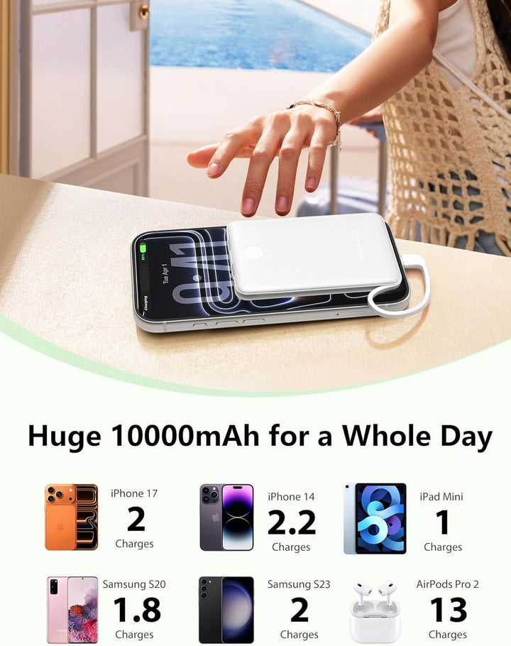 miisso Mini cargador portátil de 10000 mAh con cable integrado, tam...