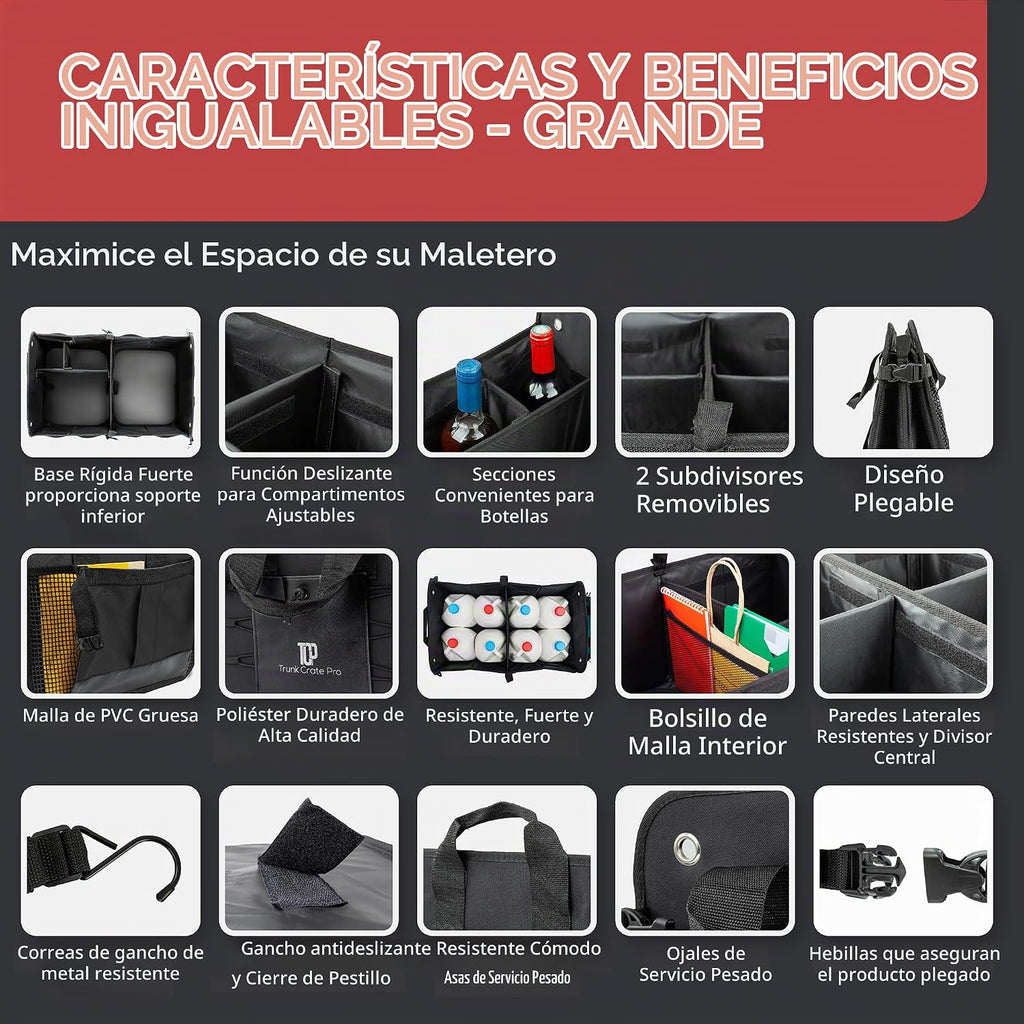 Caja organizadora portátil retráctil de varios compartimentos de primera calidad TrunkCratePro para autos, SUV, camiones, minivans, Negro
