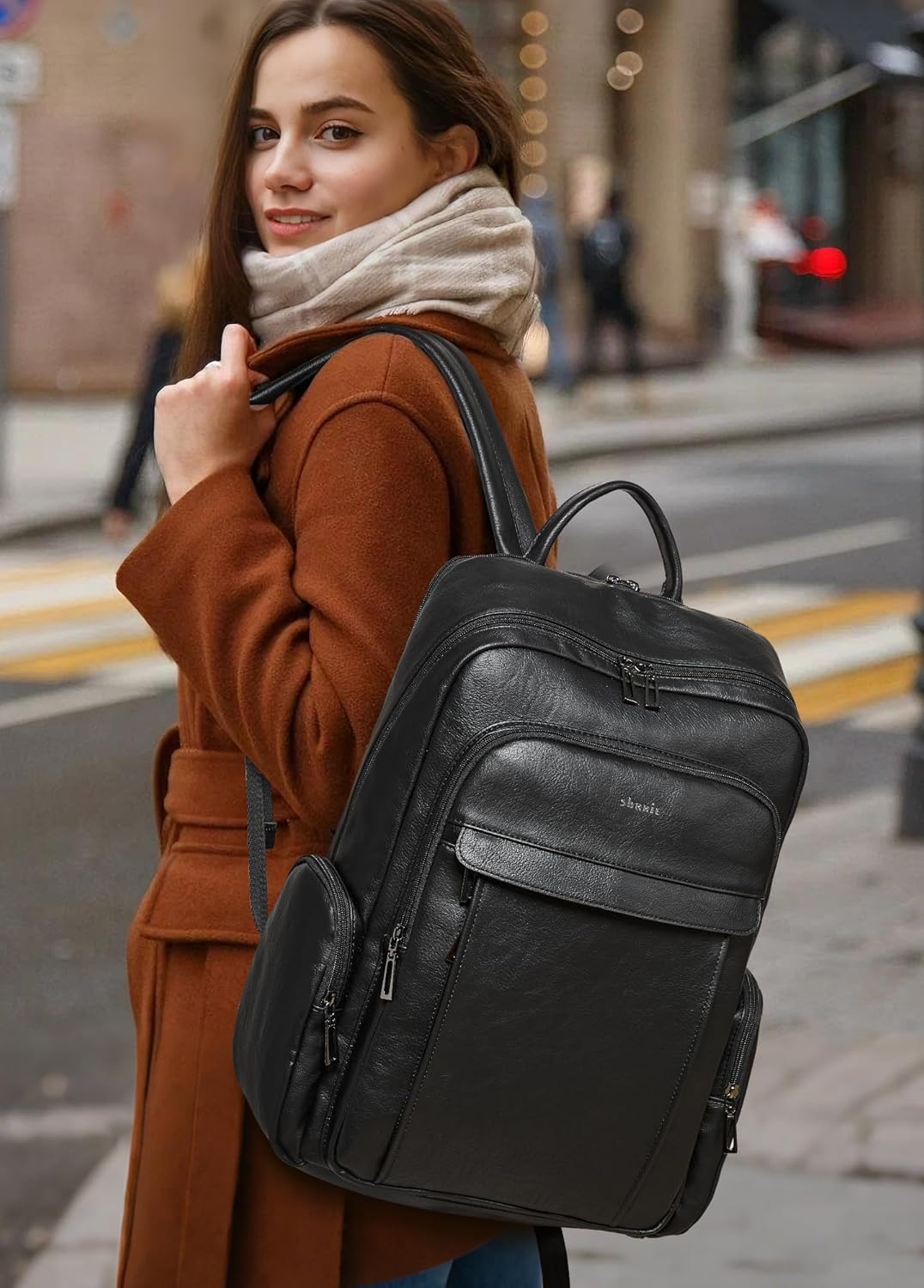 Shrrie Mochila de cuero para laptop para mujer con mochila de compu...