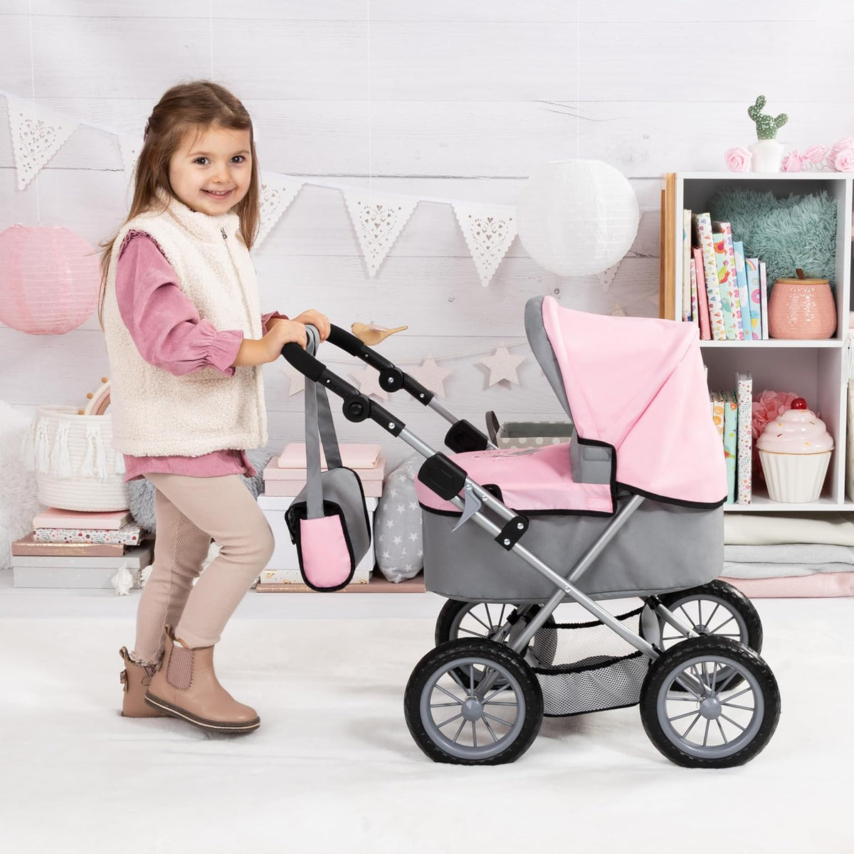 Bayer Design Cochecito Trendy para muñeca bebé en gris/rosa