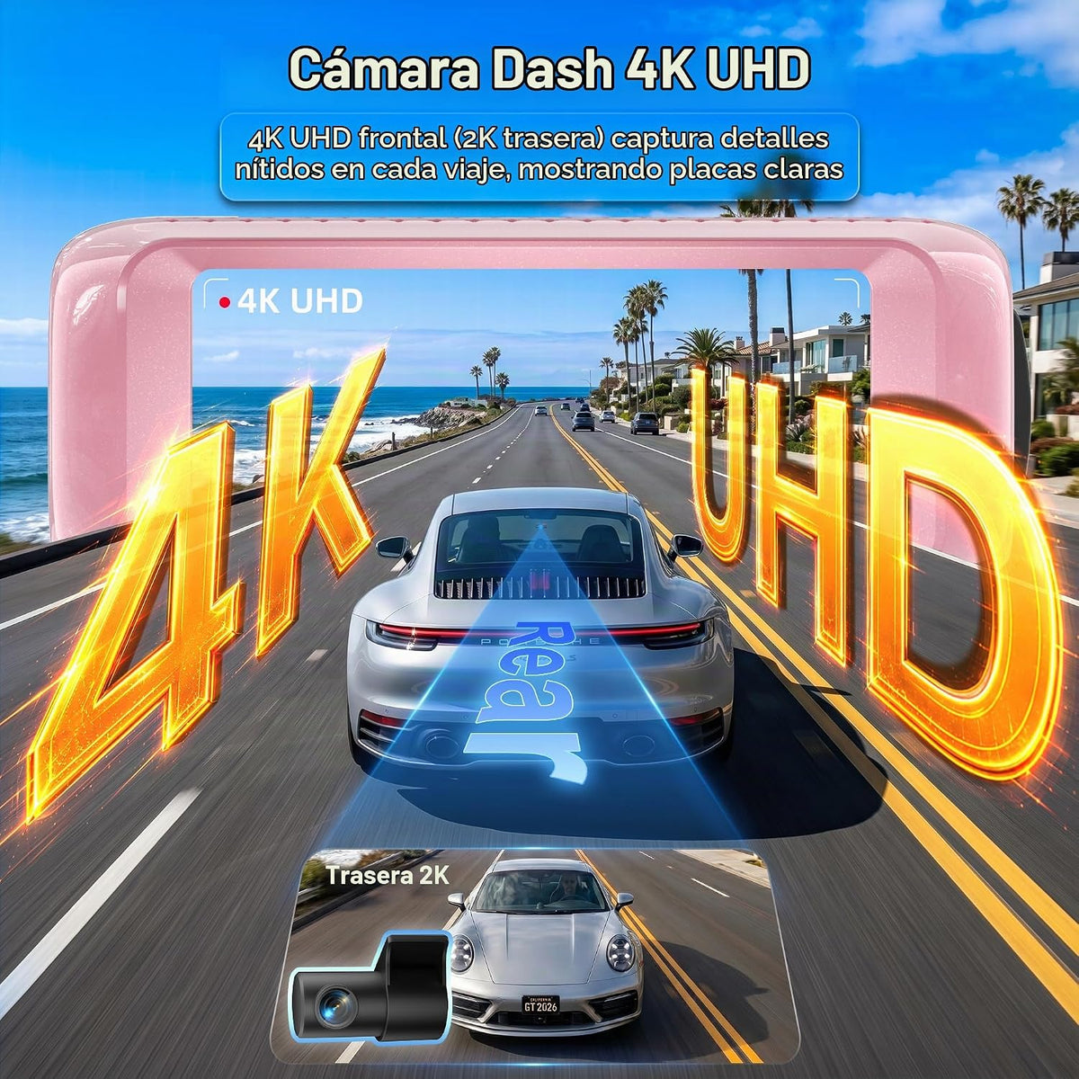 Cámara de tablero dual 4K frontal y trasera, sensor STARVIS 2, Wi‑Fi 6, GPS, Rosa