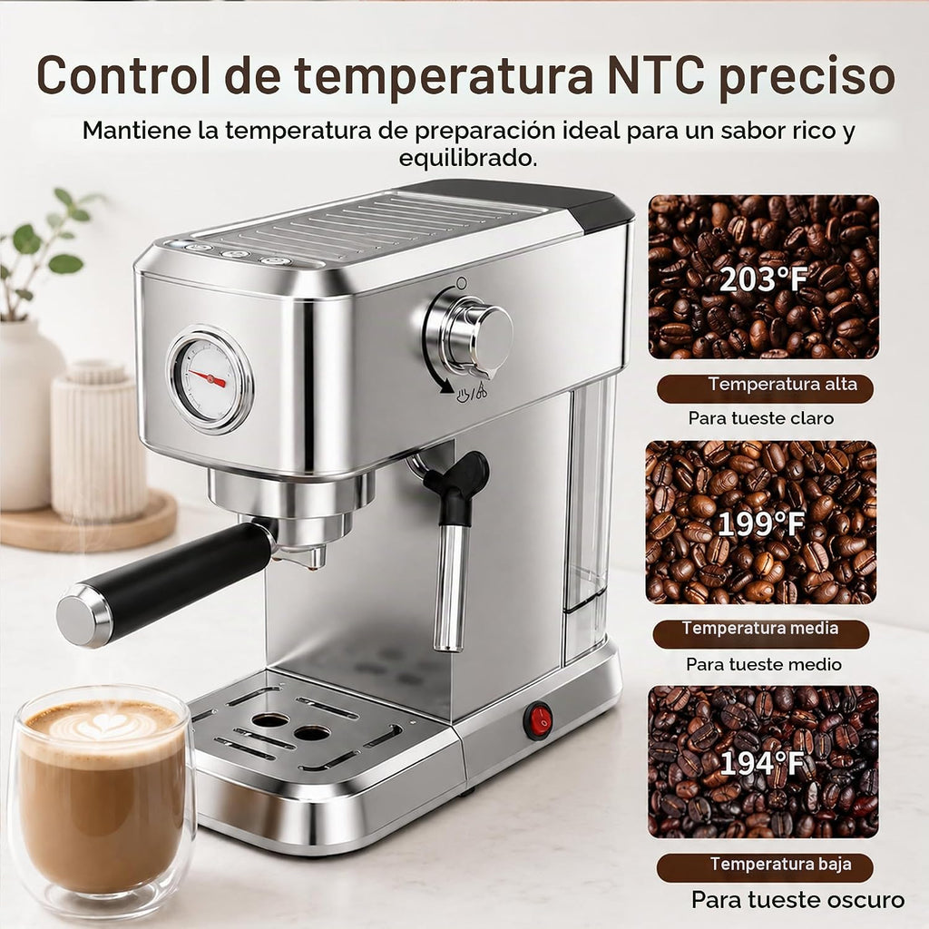MEGAWISE Máquina de café expreso de 20 bares | Cafetera compacta de acero inoxidable con espumador de leche de vapor, tanque extraíble | Máquina de café con leche de capuchino para el hogar, color