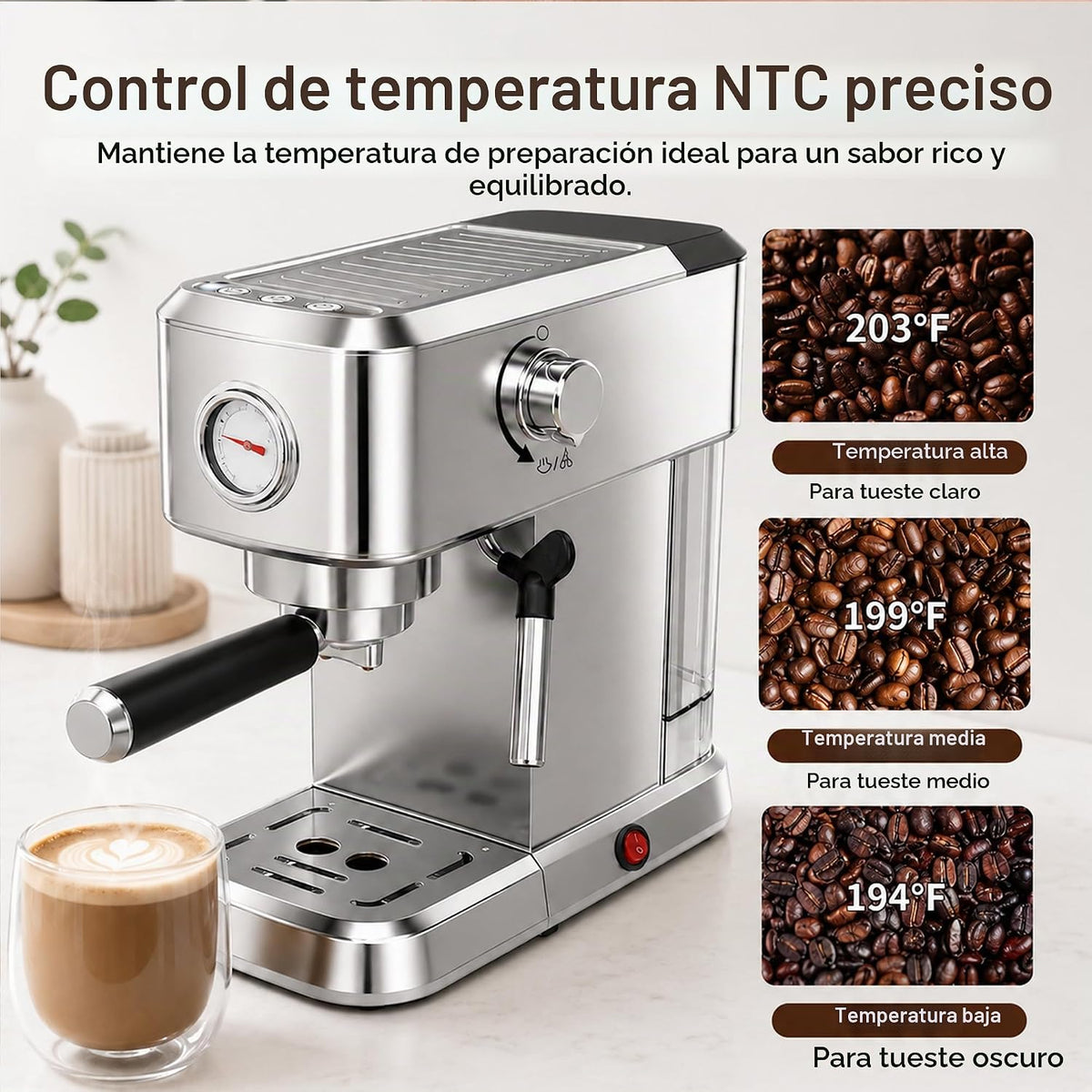 MEGAWISE Máquina de café expreso de 20 bares | Cafetera compacta de acero inoxidable con espumador de leche de vapor, tanque extraíble | Máquina de café con leche de capuchino para el hogar, color