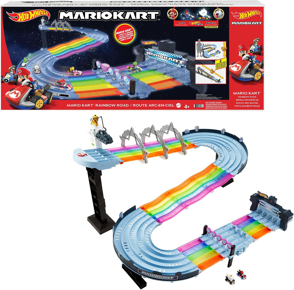 Juego de pista de carreras Hot Wheels Mario Kart Rainbow Road de 8 pies con luces y sonidos y 2 vehículos a escala 1:64, carrera con curso colorido de 5 pistas con 2 configuraciones