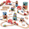 Juego completo de tren de madera para niños, pistas de tren de madera