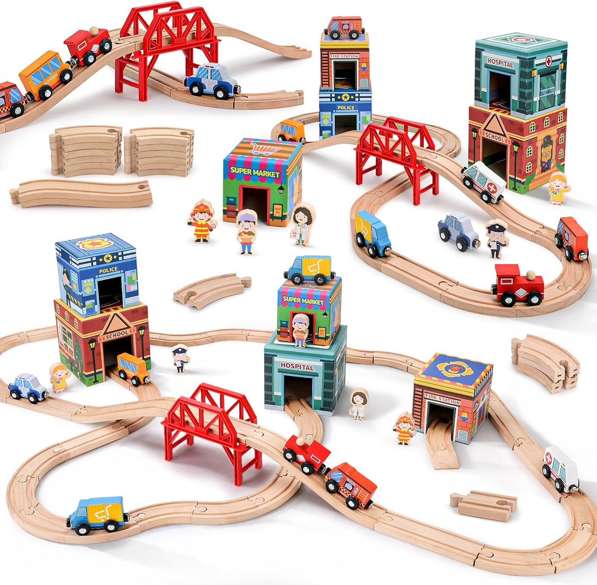 Juego completo de tren de madera para niños, pistas de tren de madera