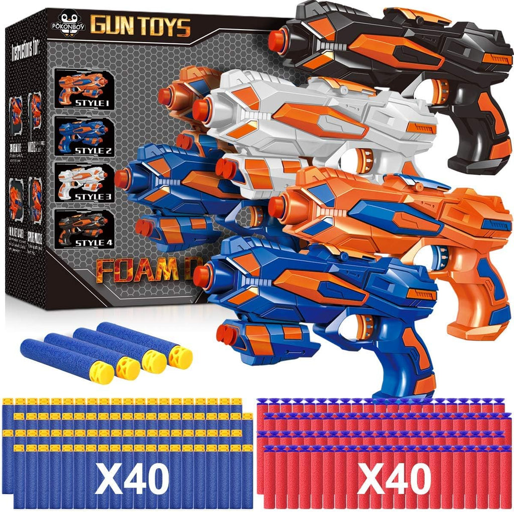 POKONBOY Paquete de 4 pistolas bláster compatibles con balas Nerf Guns, pistolas de juguete para niños y niñas con 80 dardos de repuesto de espuma, juguetes de pistola de mano para niños de 6 años o