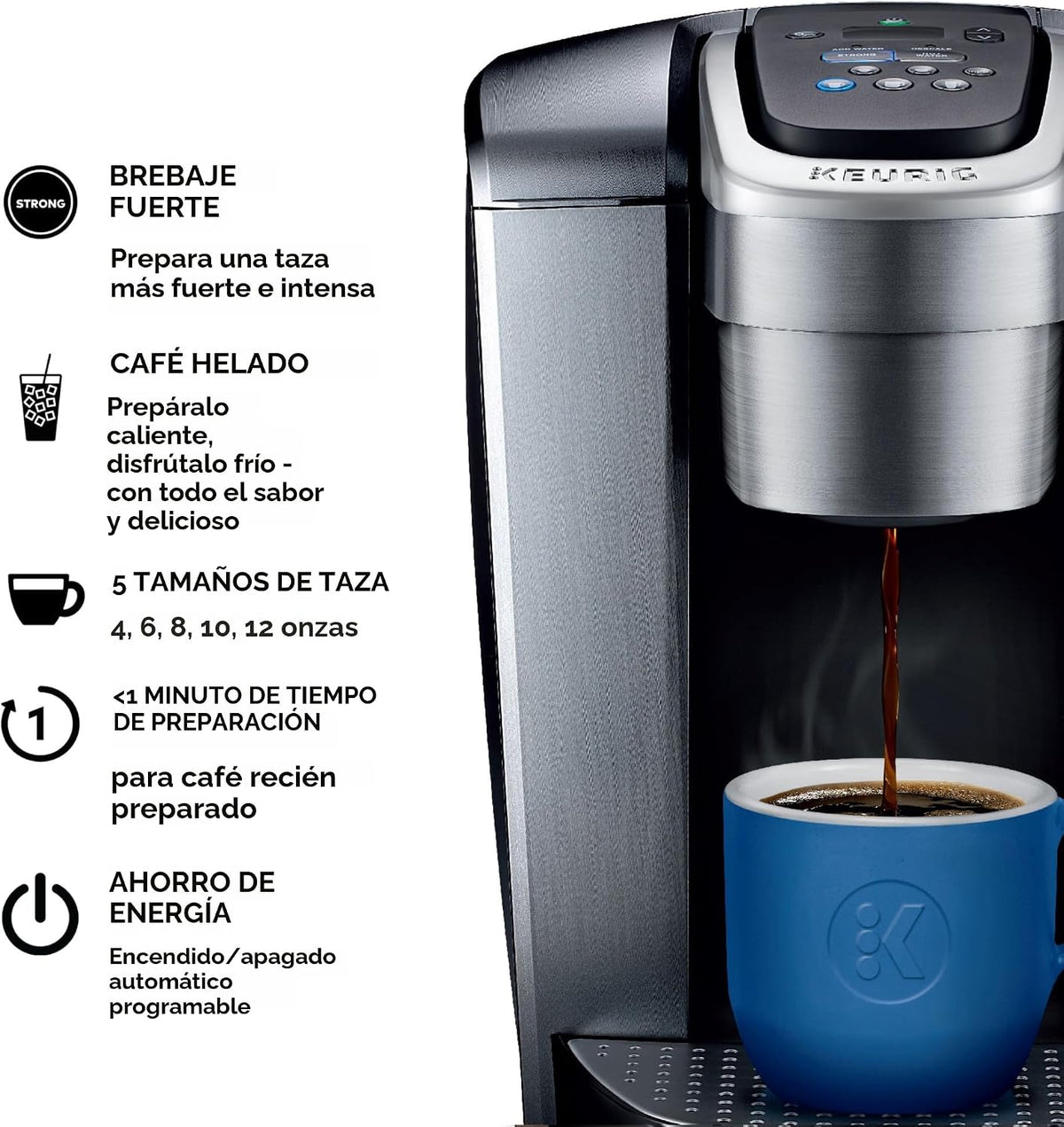Keurig K-Elite - Cafetera de cápsulas K-Cup de una sola porción, con control de fuerza y temperatura, capacidad de café helado, tamaño de preparación de 8 a 12 onzas, programable, plata cepillada