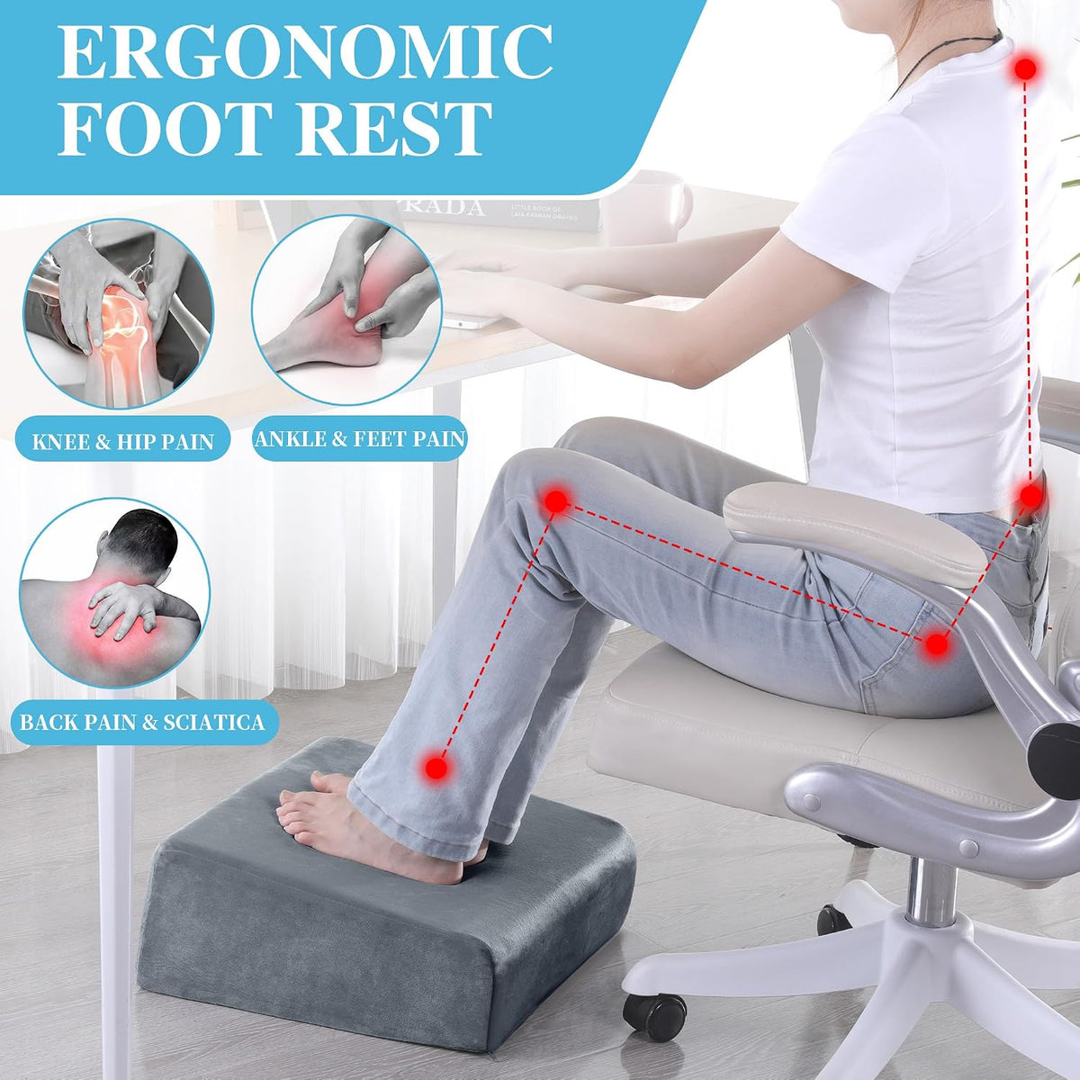 Lámpara Reposapiés para debajo del escritorio, reposapiés ergonómico de oficina con 3 alturas ajustables, reposapiés de espuma viscoelástica de alta densidad para el hogar, viajes, avión con funda lavable
