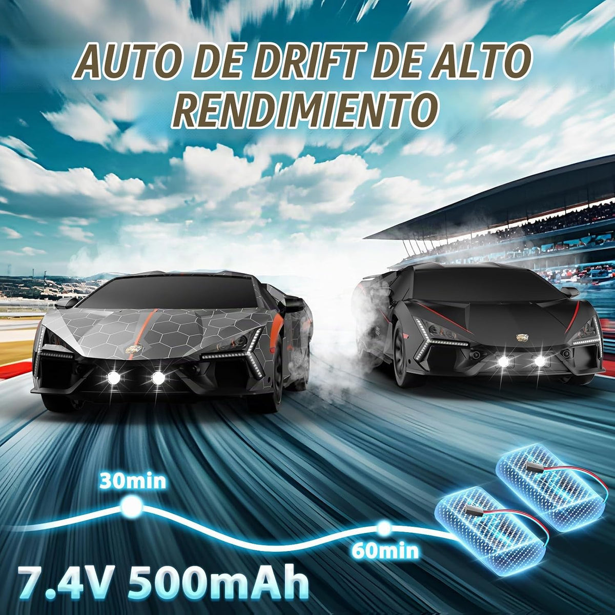 Coche de deriva a control remoto 1:16, 2.4 GHz, autos de control remoto de alta velocidad, 4WD, autos deportivos de carreras con luces LED, aerosol, neumáticos a la deriva, 2 baterías para niños, niñas, adultos, cumpleaños, Navidad