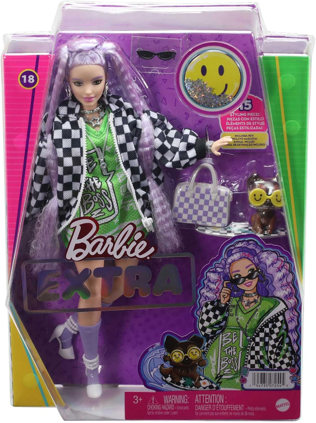 Barbie Muñeca extra y accesorios con pelo lavanda rizado y ojos mar...