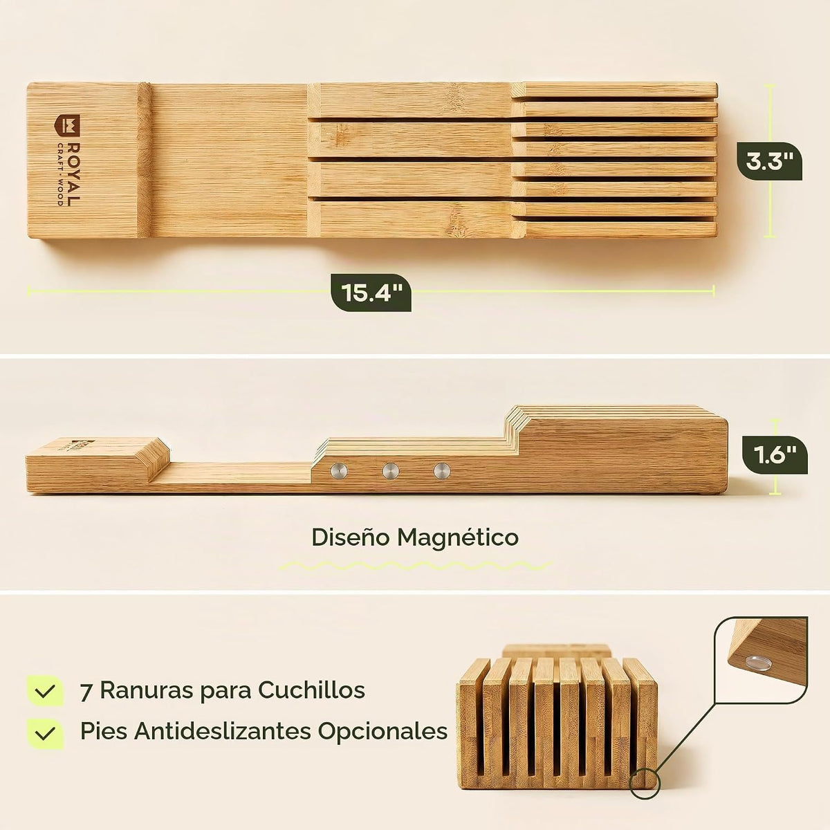 Organizador de cajones para organización de la cocina, organizador de cajones de cubiertos de bambú expandible con bloque de cuchillos extraíble, cubiertos de bambú, organizador de utensilios