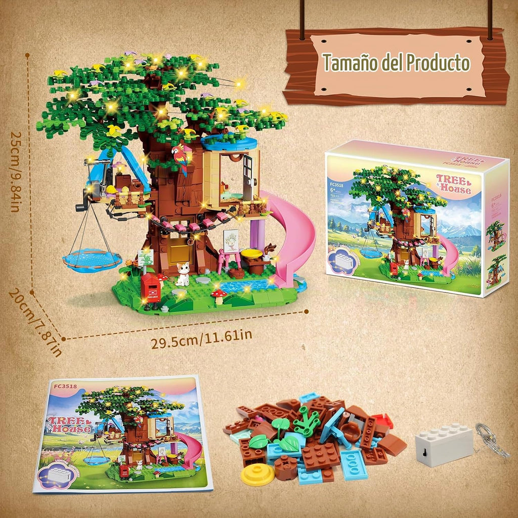 Treehouse - Juego de construcción compatible con amigos, 731 piezas para niñas, kit de construcción de casa de árbol forestal, juguetes con luz LED, gato, tobogán y hamaca de cielo, regalos de cumpleaños de Navidad para niños y niñas de 6 a 12 años