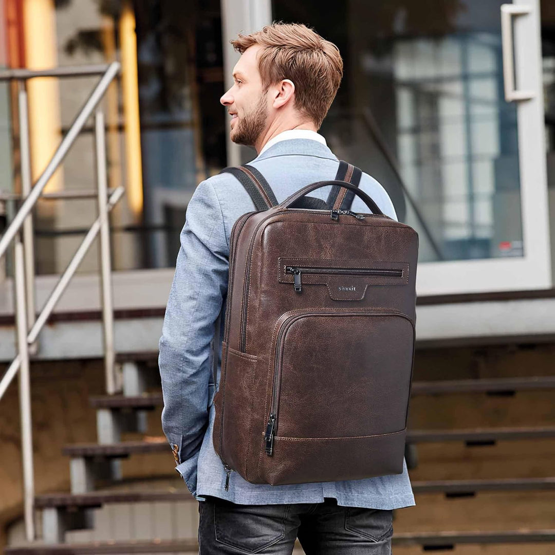 Mochila de cuero para laptop Shrrie para mujeres y hombres, mochila...