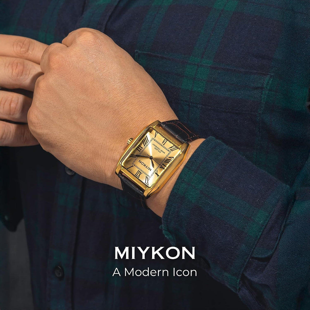 Reloj de vestir tipo tank para hombre Miykon Vintage, correa de cuero genuino, resistente al agua