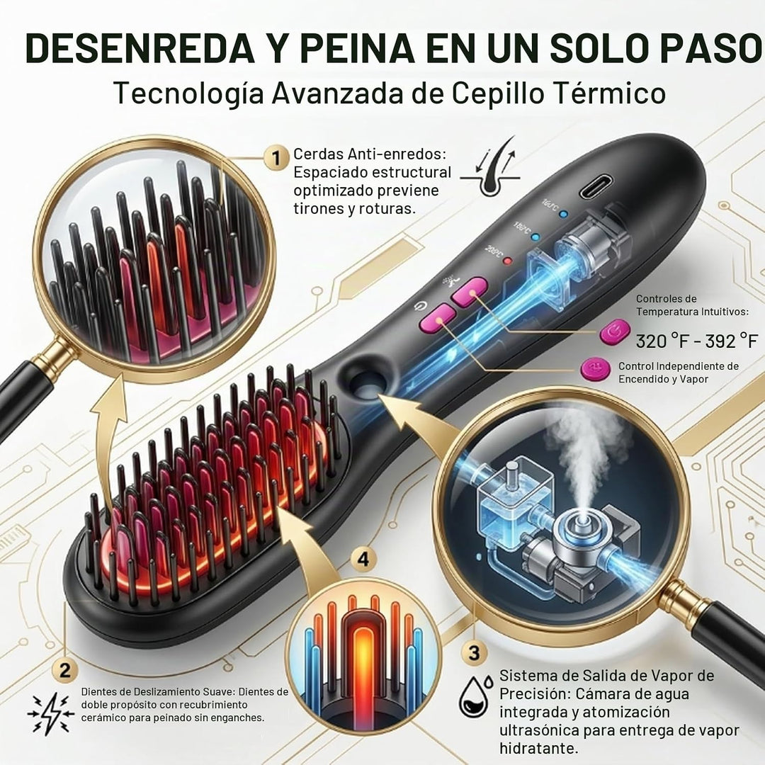 Peine alisador de vapor inalámbrico, cepillo alisador de pelo de va...