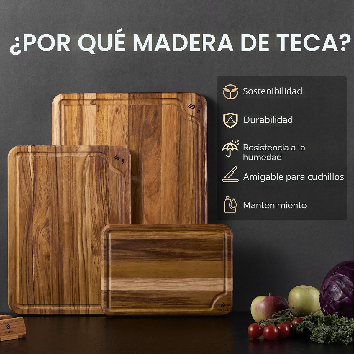 Juego de 3 tablas de cortar de teca para cocina, tablas de madera no tóxicas