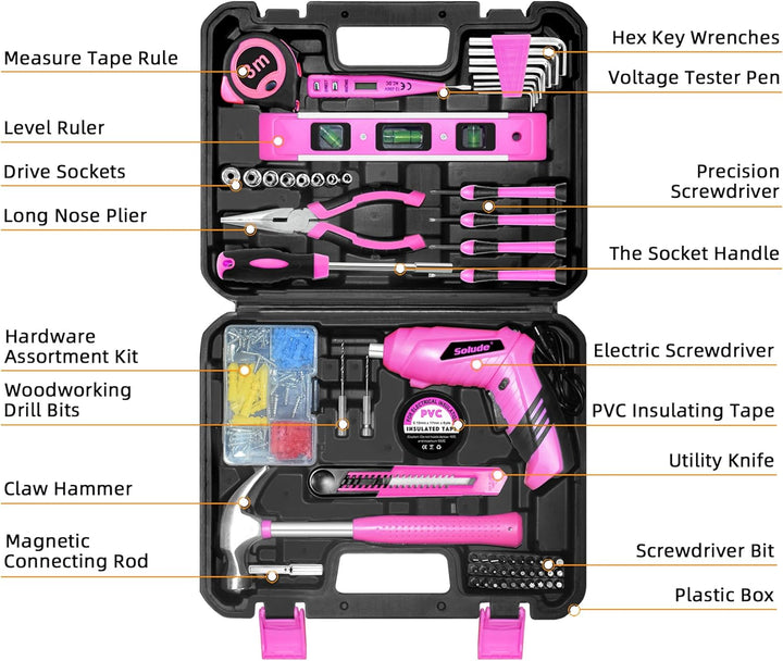 SOLUDE Juego de herramientas rosa, juego de 130 piezas para el hoga...