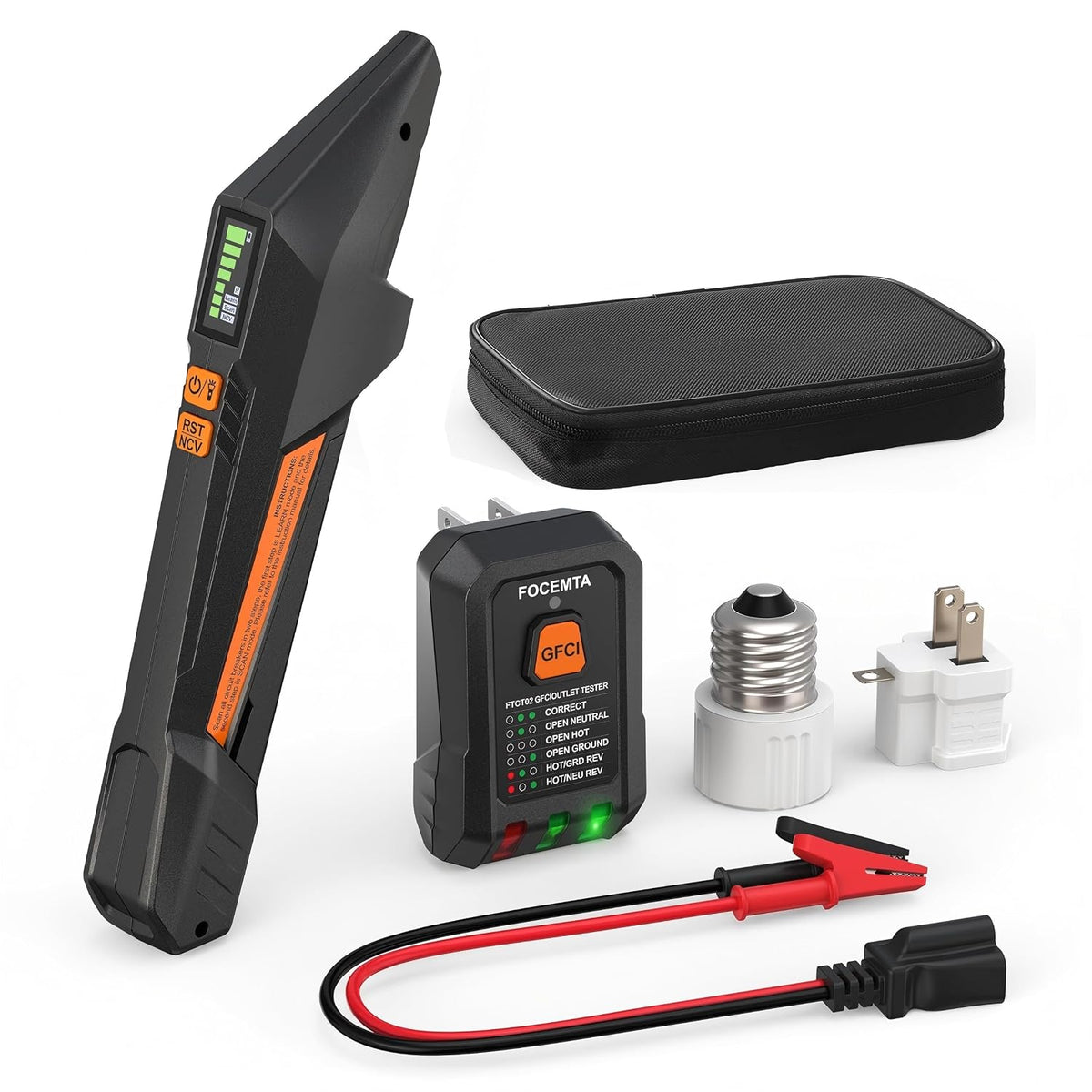 FTCT02 - Buscador de disyuntores y probador de salida GFCI - Receptor digital con pantalla a color y detección NCV para seguridad eléctrica en el hogar, incluyendo funda de transporte y