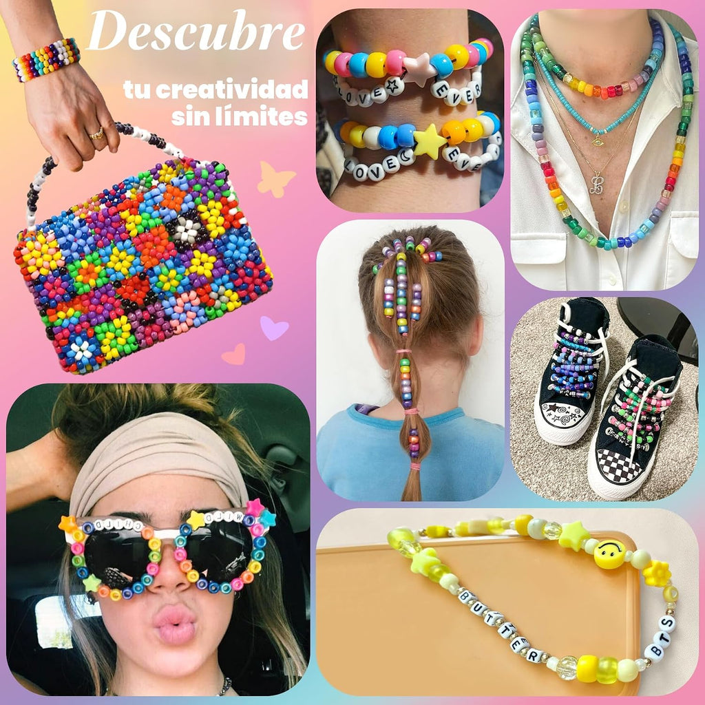 Gionlion - Kit de 7 cajas de 144 colores, 5000 cuentas de poni Kandi Rave | Kit de pulsera de la amistad de caramelo de 0.236 x 0.354 in con 800 cuentas de letras para bricolaje, llaveros