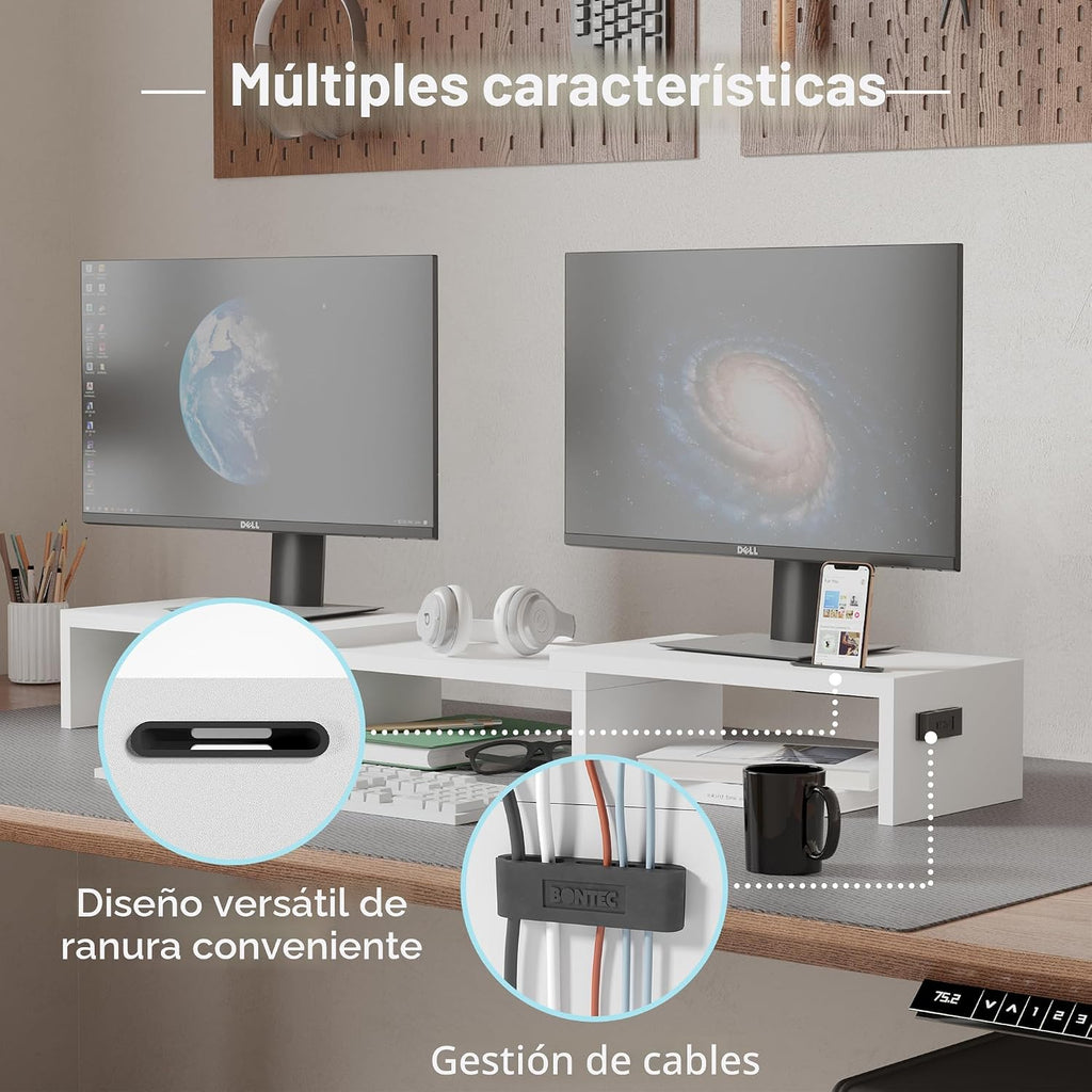 BONTEC Dual Monitor Stand Riser, Adjustable Length & Swivel Angle, blanco