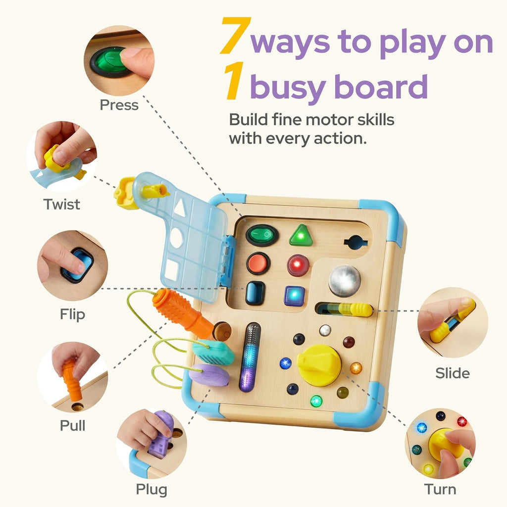 Tablero de actividades con 15 luces LED Montessori - Juguete educativo de aprendizaje Montessori con 9 sonidos, 5 interruptores y enchufes, juguetes de viaje, tabla de actividades sensoriales para 18 meses, regalo de cumpleaños para niños y niñas de 3
