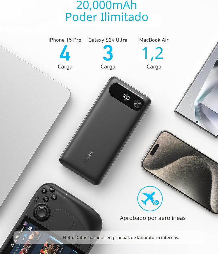 Anker Power Bank, cargador portátil esencial de viaje de 20,000 mAh...