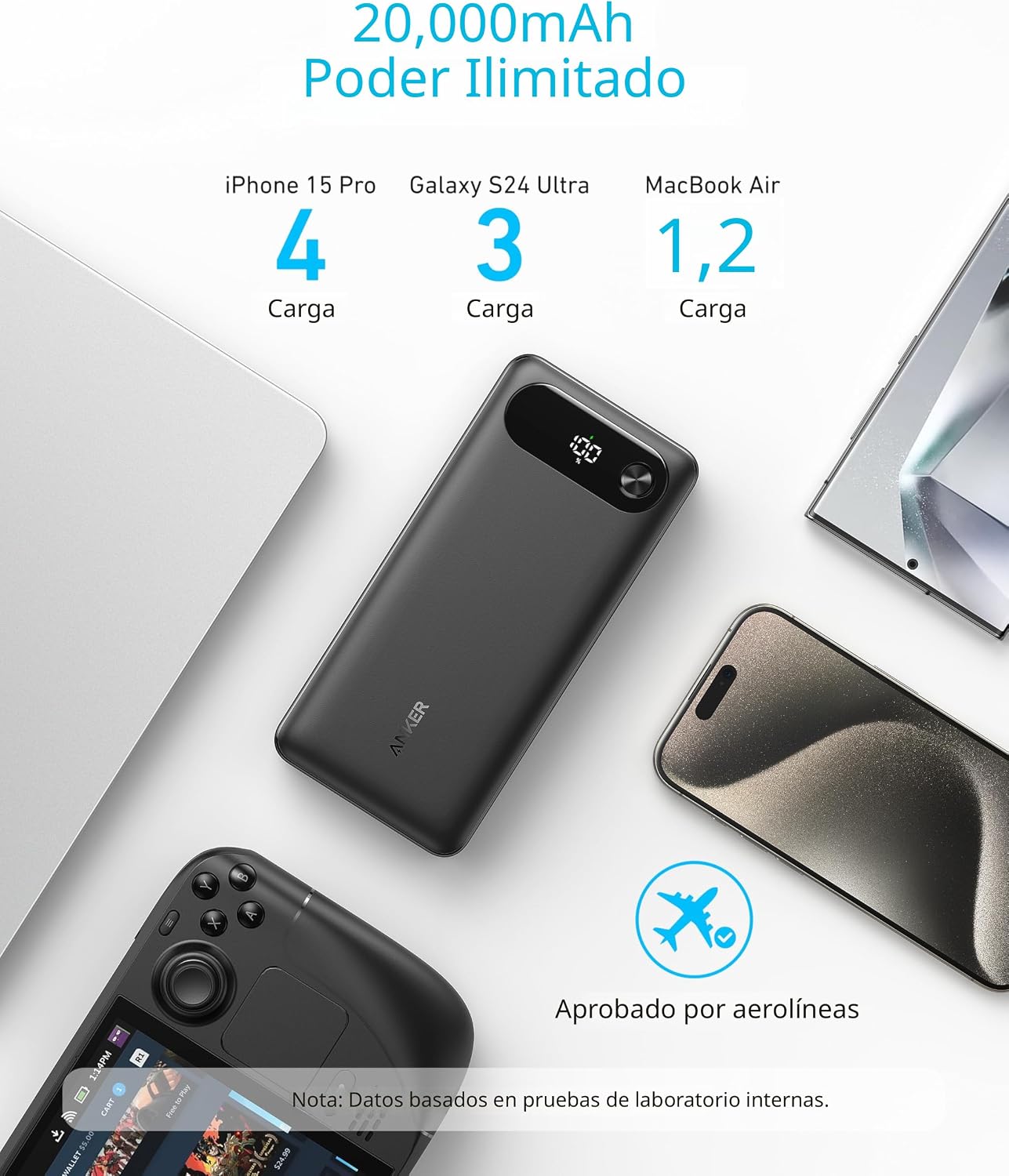 Anker Cargador portátil de 20,000 mAh con cable USB-C integrado con...