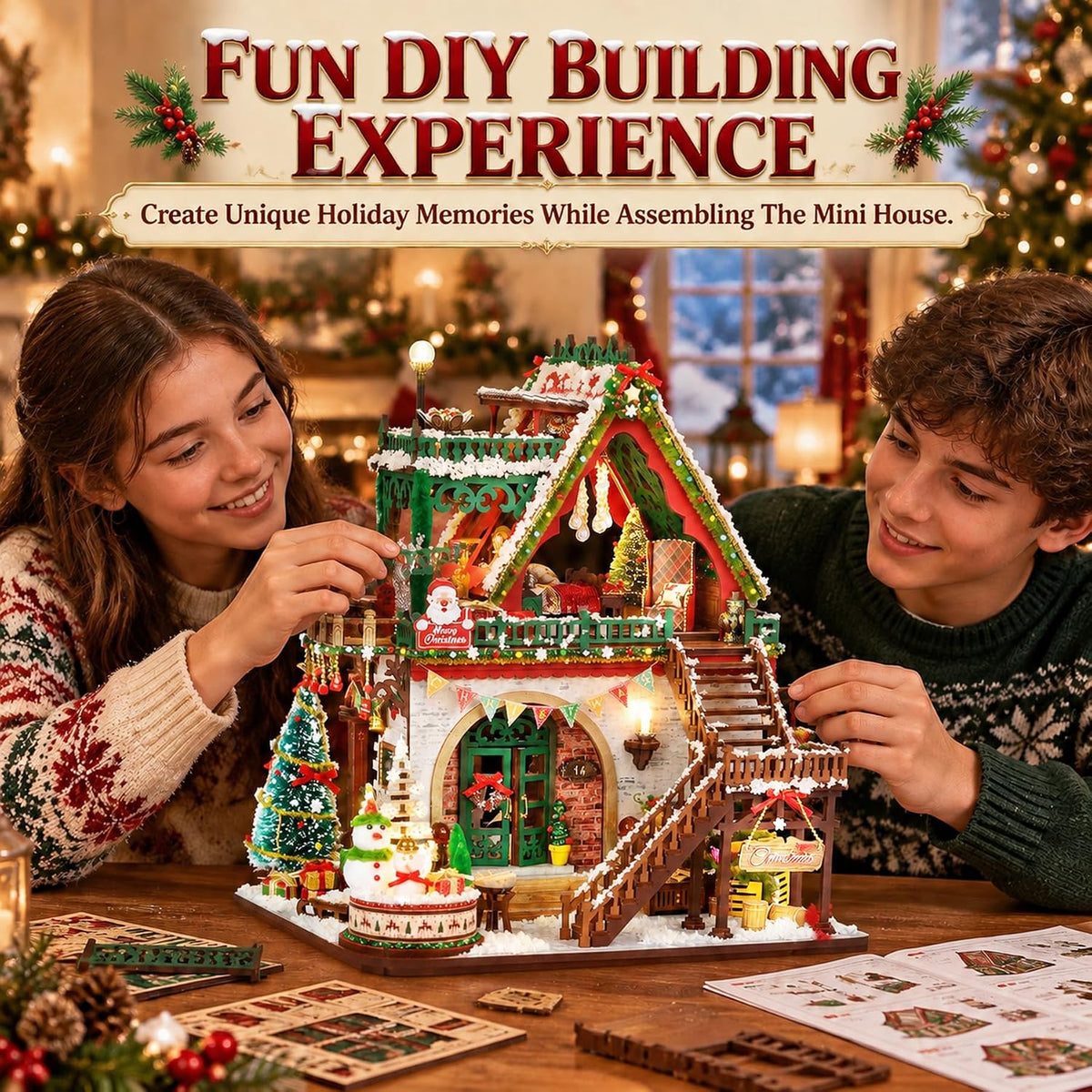 SUNNINO Kit de rincón de libro de casa de muñecas en miniatura de Navidad