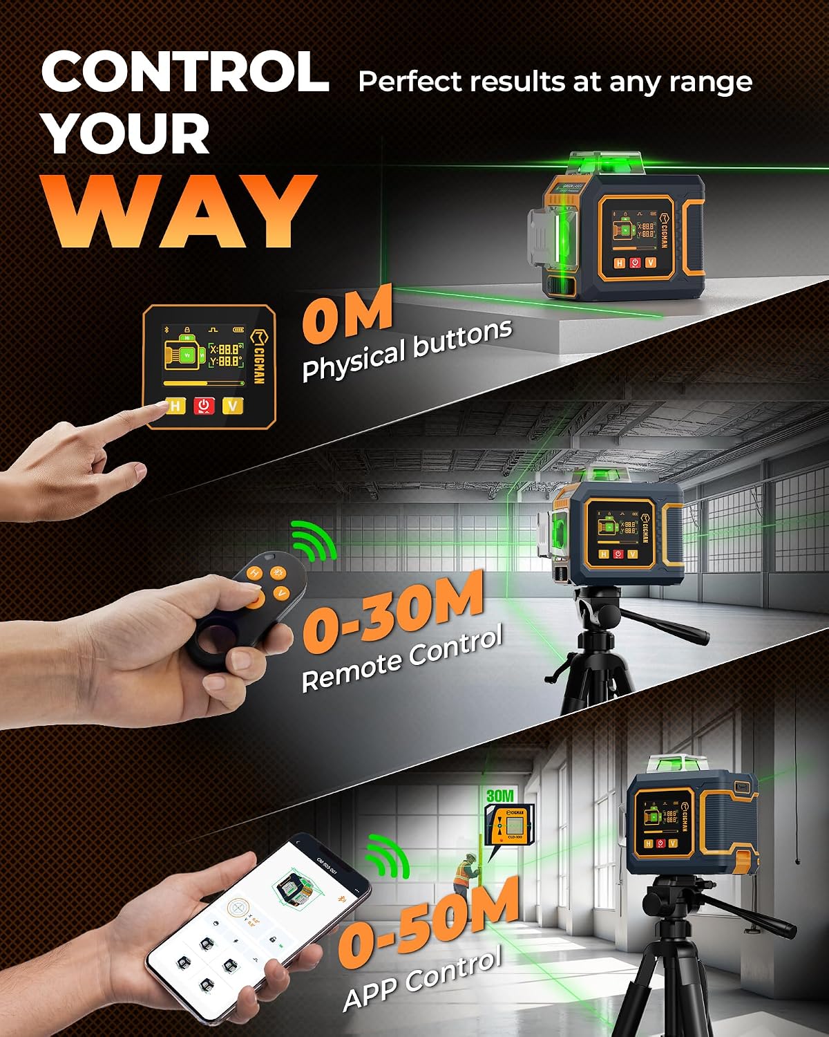 CIGMAN Nivel láser verde, LCD lateral de 3 x 360 ° de 12 líneas autonivelante, control remoto de aplicación Bluetooth, modo de pulso para receptor, ± 1/8 pulgadas a 33 pies de precisión