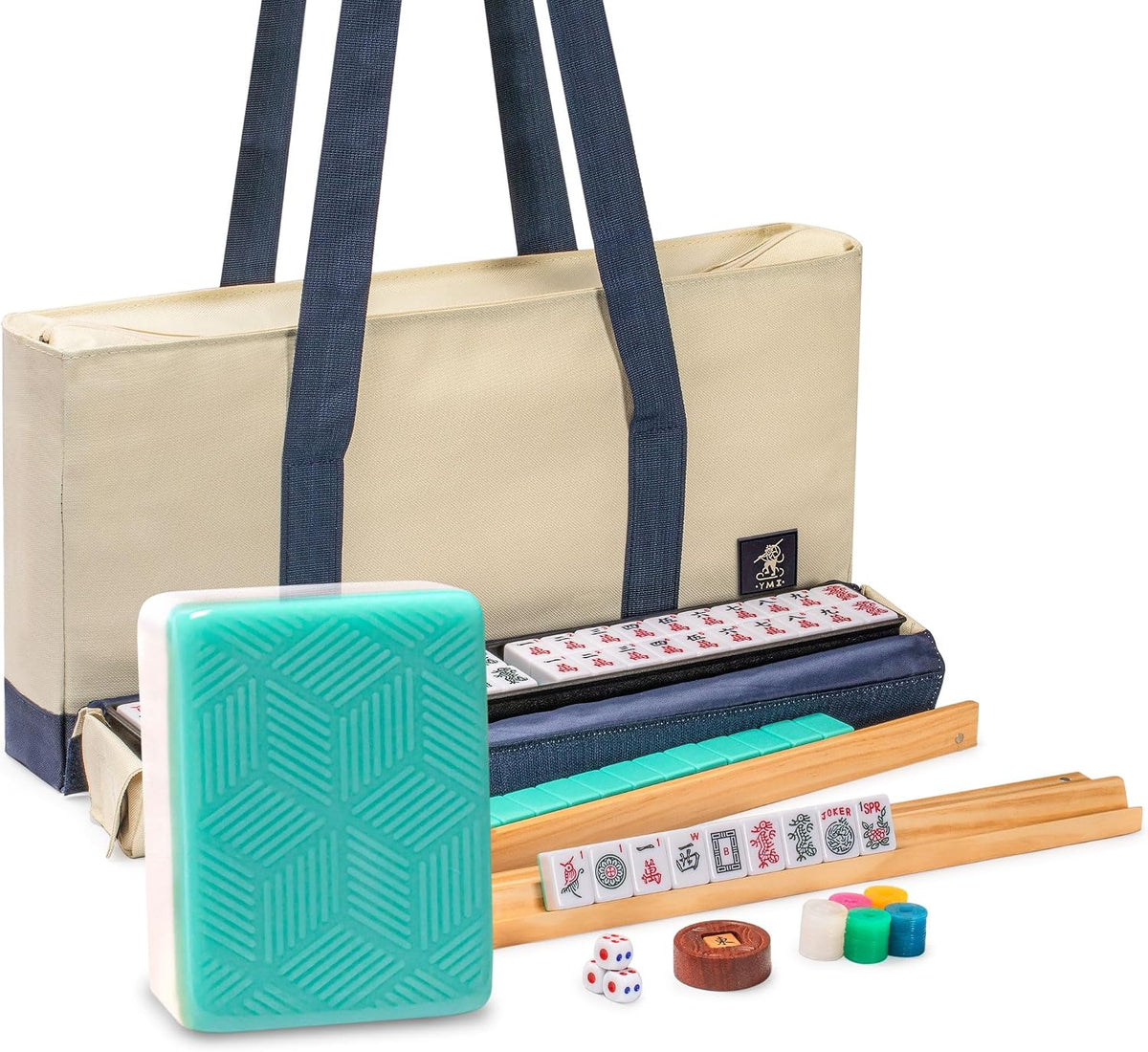 Yellow Mountain Imports American Mahjong Set, Harbor Mint con bolsa de lona beige y azul, 4 estantes todo en uno con empujadores, monedas de puntuación Wright Patterson, dados e indicador de viento