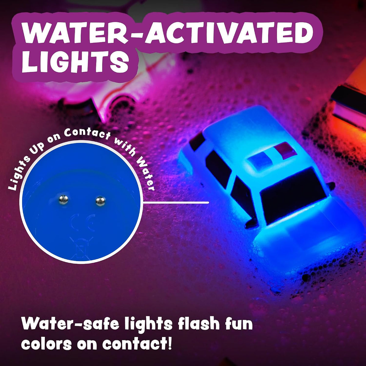Tub Works® Emergency™ Cars - Juguetes de baño iluminados, paquete de 12 | Juguetes iluminados activados por agua que parpadean y cambian de color | Juguetes de baño para bebés y niños pequeños de fácil agarre | Juguetes sensoriales con luces de baño para