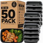 Glotoch Contenedores de preparación de comidas de 32 onzas, paquete de 50 (100 piezas) con tapas, recipientes de plástico para almacenamiento de alimentos reutilizables, cajas Bento para control de