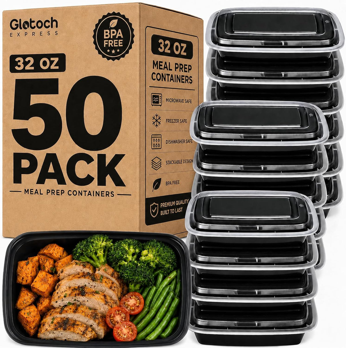 Glotoch Contenedores de preparación de comidas de 32 onzas, paquete de 50 (100 piezas) con tapas, recipientes de plástico para almacenamiento de alimentos reutilizables, cajas Bento para control de