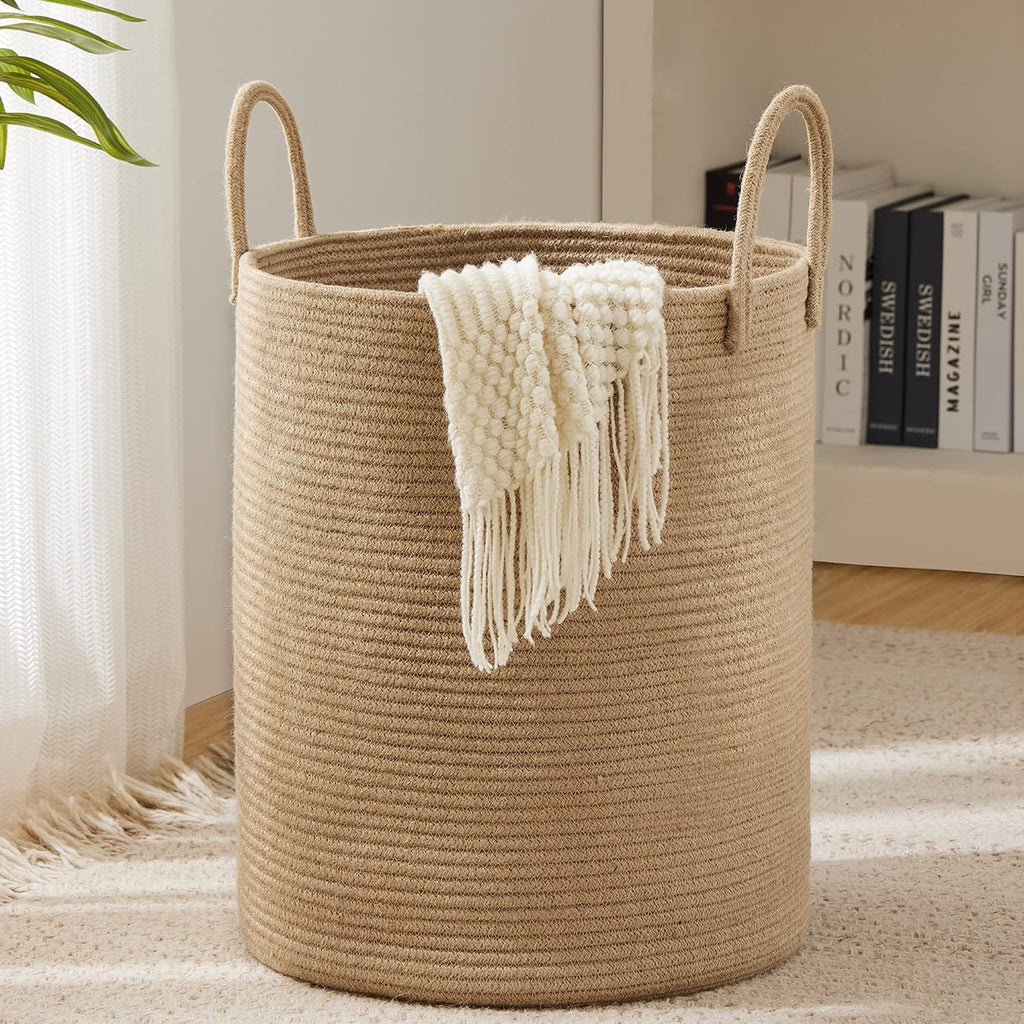 Cesta Canasta de Lavandería de Cuerda de Yute por YOUDENOVA, Cesta de Lavandería Alta de 58L, Canasta de Cuarto de Bebé para Almacenamiento de Mantas para Dormitorio-Grande-Yute