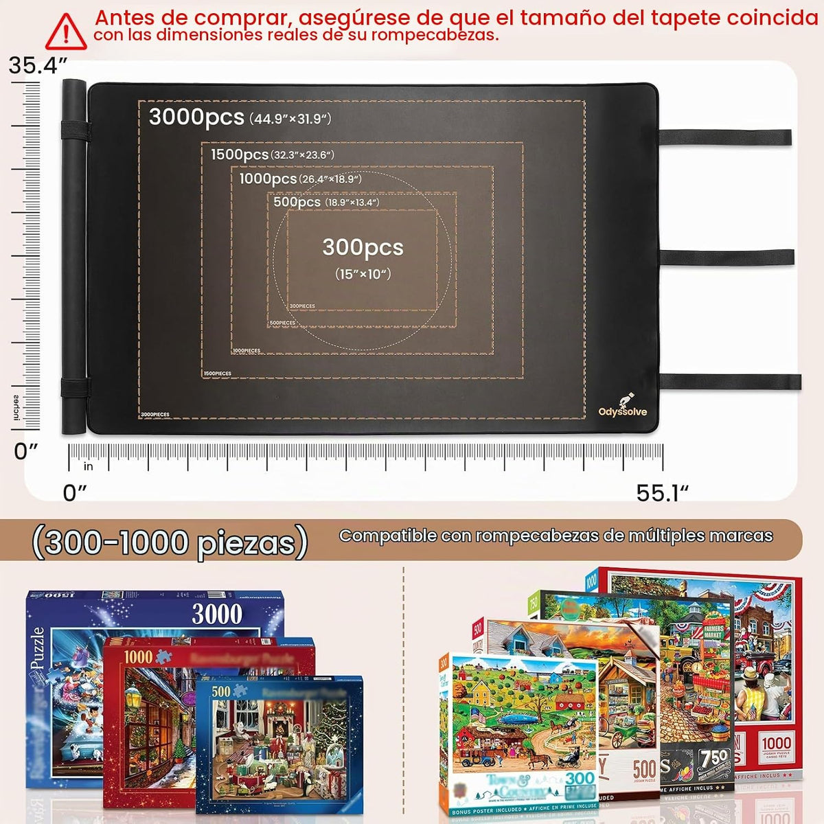 Tapete de rompecabezas enrollable para 3000 piezas, tapete de rompecabezas todo en uno de 55 x 35.4 pulgadas con tubo y correas integrados, 6 bandejas de clasificación, bolsa de almacenamiento de