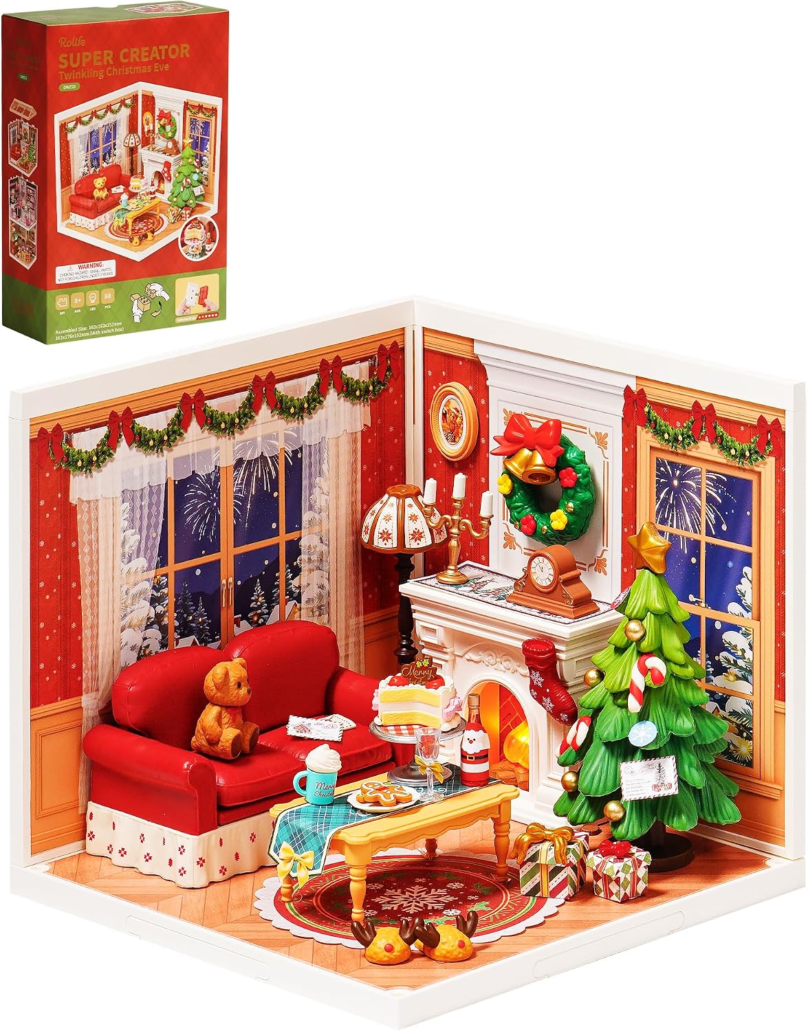 Rolife Super Creador de Navidad, casa en miniatura de plástico, juego de construcción con chimenea y árbol de Navidad, manualidades, pasatiempos, bloques de construcción