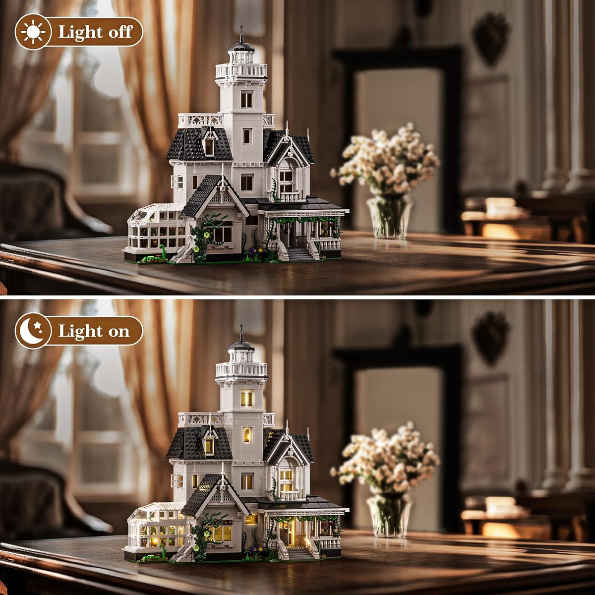 Juego de construcción de casa mágica con luz LED, juguete de bloques de casa Owens, kit de construcción de modelo de arquitectura de creador, compatible con Lego Horror House, decoración de oficina en