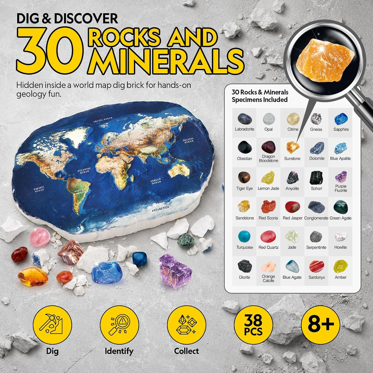 CubicFun Kit de excavación de piedras preciosas del mapa del mundo para