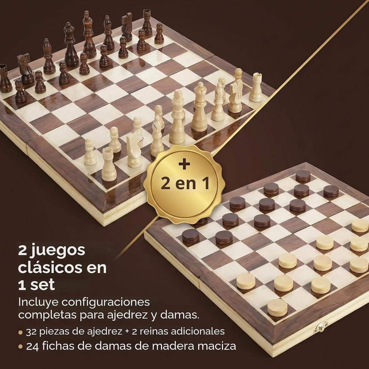 Juego de ajedrez magnético y damas, tablero de madera plegable de 15 x 15