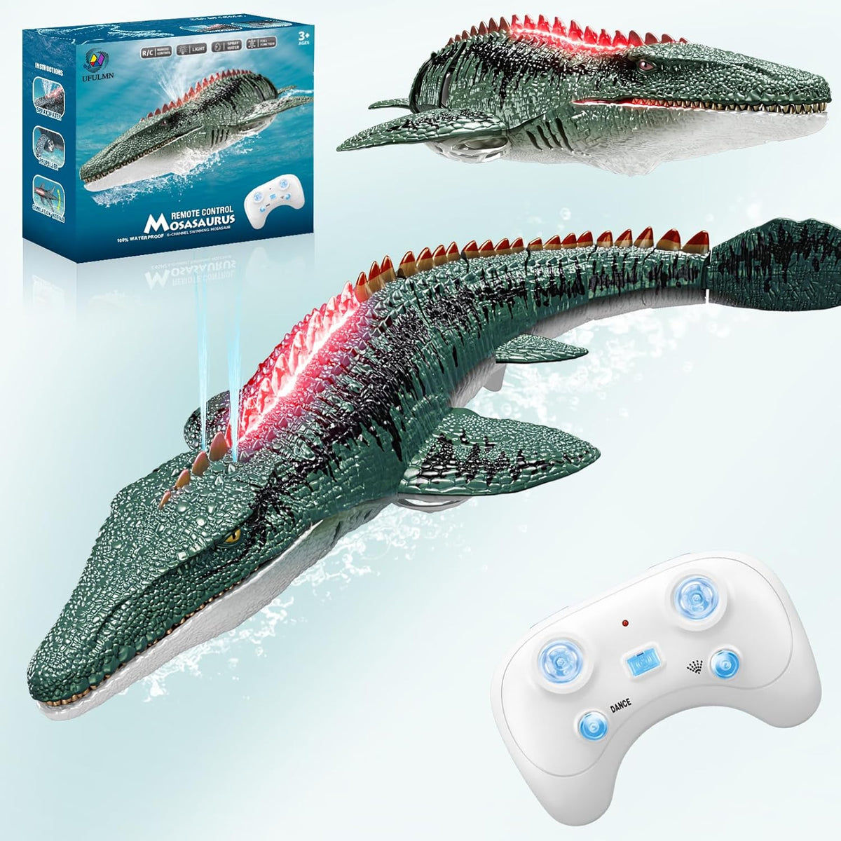 Mosasaurus - Juguetes de dinosaurio a control remoto para niños y niños, piscina de alta simulación, monstruo marino eléctrico RC con luz y rociador de agua, regalo de cumpleaños para edades de